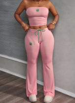 Ins Fashion Embroidered Flower Tube Top High Waist Casual Drawstring Pant Two-Piece Set