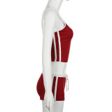 Striped Stitching Exposed Navel Small Sling High Waist Drawstring Elastic Shorts Suit