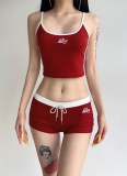 Striped Stitching Exposed Navel Small Sling High Waist Drawstring Elastic Shorts Suit