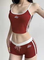 Striped Stitching Exposed Navel Small Sling High Waist Drawstring Elastic Shorts Suit