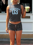 Fashion Polka Dot Print Contrast Color Sleeveless Round Neck Vest High Waist Shorts Set