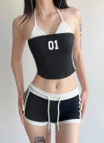 Striped Stitching Exposed Navel Small Sling High Waist Drawstring Elastic Shorts Suit
