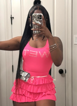 Sexy Perm Diamond Letter Print Sleeveless Vest Ruffled Shorts Two-Piece Set