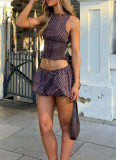 New Polka Dot Lace-up Sleeveless Top with Flower Bud Short Skirt Set
