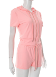 Sexy Sports Solid Color Hooded Zipper Short Sleeve Top Tight Drawstring Shorts Two-Piece Set