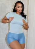 Summer Women'S Sexy Solid Color Round Neck Short Sleeve T-Shirt Tight Shorts Two-Piece Set