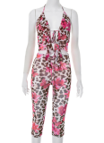 Leopard Print Halter Neck Ruffled Top Shorts Two-Piece Set