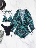 Fashionable Long-sleeved Leaf Print Waist-length Bikini Three-piece Set