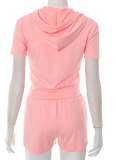 Sexy Sports Solid Color Hooded Zipper Short Sleeve Top Tight Drawstring Shorts Two-Piece Set