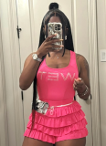 Sexy Perm Diamond Letter Print Sleeveless Vest Ruffled Shorts Two-Piece Set