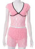 Sexy V-Neck Short-Sleeved Lace Navel-Baring Top Tight Shorts Two-Piece Set