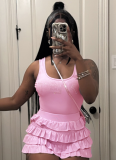 Sexy Perm Diamond Letter Print Sleeveless Vest Ruffled Shorts Two-Piece Set