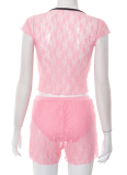Sexy V-Neck Short-Sleeved Lace Navel-Baring Top Tight Shorts Two-Piece Set
