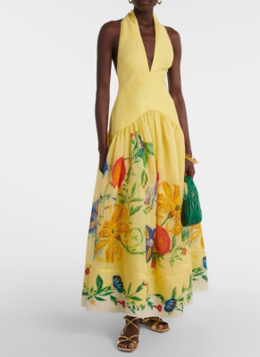 Sexy Printed Halter Neck Open Back Long Swing Deep V Neck Dress