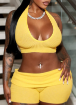 Sexy Hanging Neck Tie Rope Navel-Exposed Vest Navel-Exposed Shorts Two-Piece Set