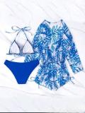 Fashionable Long-sleeved Leaf Print Waist-length Bikini Three-piece Set