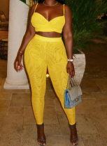 Yellow Mesh Camisole Vest And Tight Pants Two Piece Set