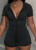Sexy Sports Solid Color Hooded Zipper Short Sleeve Top Tight Drawstring Shorts Two-Piece Set