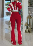 Temperament Casual Color Matching Long-Sleeved Top Slim Fit Flared Pants Casual Two-Piece Suit