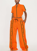 Tangerine Red Casual Solid Color Buckle Zipper Contrast Zipper Collar Long Sleeve Two Pieces