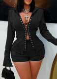 Women'S Fashion Striped Lapel Long Sleeve Tie-Strap Shirt Shorts Two-Piece Set