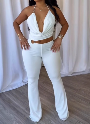 Sexy Slim Elastic Hollow Ring Halter Neck Solid Color Jumpsuit