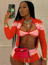 Fashionable Women'S Patchwork Color Matching Long-Sleeved Jacket Chest Wrap Lace-Up Hot Pants Three-Piece Suit