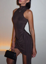 Fashion Irregular Ruffle Vest Dress High Neck Sleeveless Sexy Mini Dress