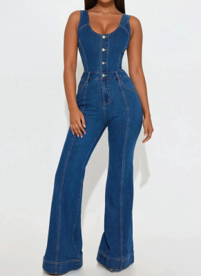 Fashion Casual Sexy Suspender Denim Flared Jumpsuit