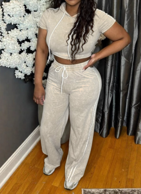 Sexy Casual Stretch Hooded Washed Top And Trousers Two-Piece Set