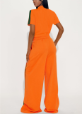 Tangerine Red Casual Solid Color Buckle Zipper Contrast Zipper Collar Long Sleeve Two Pieces