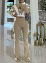 Temperament Casual Color Matching Long-Sleeved Top Slim Fit Flared Pants Casual Two-Piece Suit