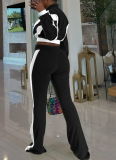 Temperament Casual Color Matching Long-Sleeved Top Slim Fit Flared Pants Casual Two-Piece Suit