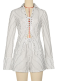 Women'S Fashion Striped Lapel Long Sleeve Tie-Strap Shirt Shorts Two-Piece Set