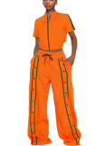 Tangerine Red Casual Solid Color Buckle Zipper Contrast Zipper Collar Long Sleeve Two Pieces
