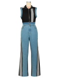 Women'S Ribbon Stitching Sleeveless Top And Denim Pants Two-Piece Set