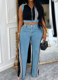 Women'S Ribbon Stitching Sleeveless Top And Denim Pants Two-Piece Set