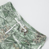 White Casual Print Draw String Contrast O Neck Short Sleeve Two Pieces