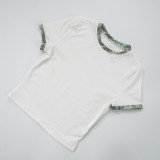 White Casual Print Draw String Contrast O Neck Short Sleeve Two Pieces