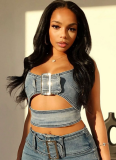 Fashion Adjustable Buckle Elastic Casual Denim Two-piece Suit