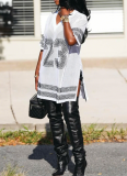 Black Casual Digital Slit Hot Drill V Neck T-Shirts