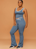 Contrast Color Cross Nude Running Fitness Yoga Wear Flared Pants Two-piece Set