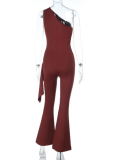 New Style Personalized Fashion Sports Leisure Oblique Shoulder Ribbon Slim Jumpsuit