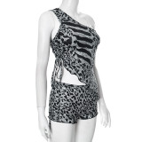 Black Sexy Leopard Print Oblique Collar Sleeveless Two Pieces