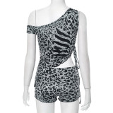 Black Sexy Leopard Print Oblique Collar Sleeveless Two Pieces