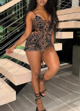 Sexy Lace-Up Leopard Mesh Print Hollow Bodysuit