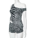 Black Sexy Leopard Print Oblique Collar Sleeveless Two Pieces