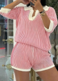 Comfortable Loose Color Matching Striped Knitted Short-Sleeved Sweater Shorts Two-Piece Suit For Women