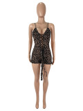 Sexy Lace-Up Leopard Mesh Print Hollow Bodysuit