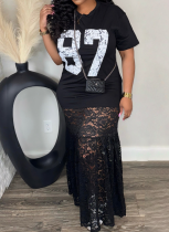 Hot Girl Lace Stitching Letter Print Round Neck Dress